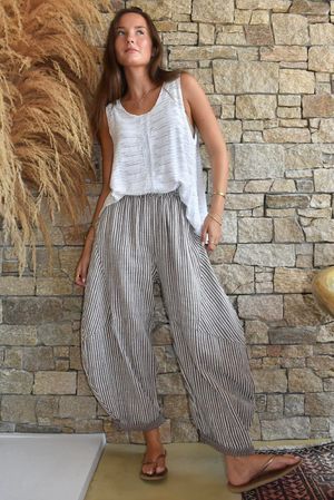 Sundaze Cheesecloth Chalk Stripe Classic Barrel Pant Mocha